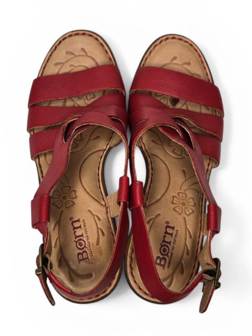 Born Carmo Red Sandals Women Leather Slingback Strappy Wood Tone Heel 7M - Picture 5 of 10